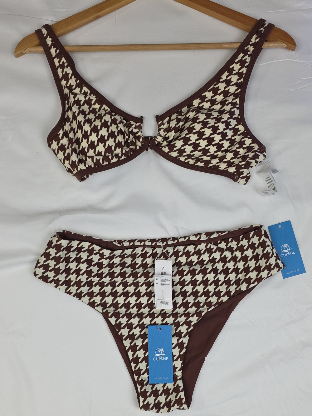 CUPSHE Brown & Cream Houndstooth Underwire Bikini Small Set